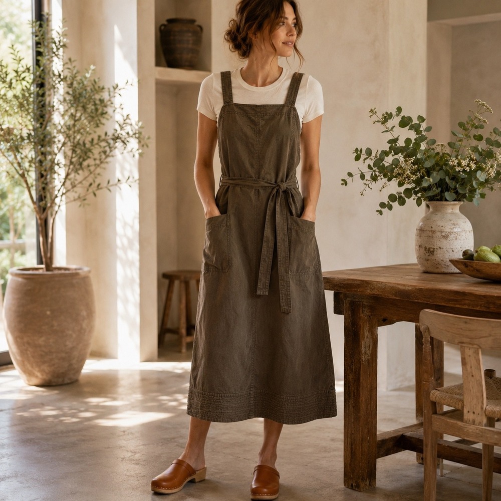Everlane Organic Cotton Herringbone Apron Midi Dress Brown Size M Utility